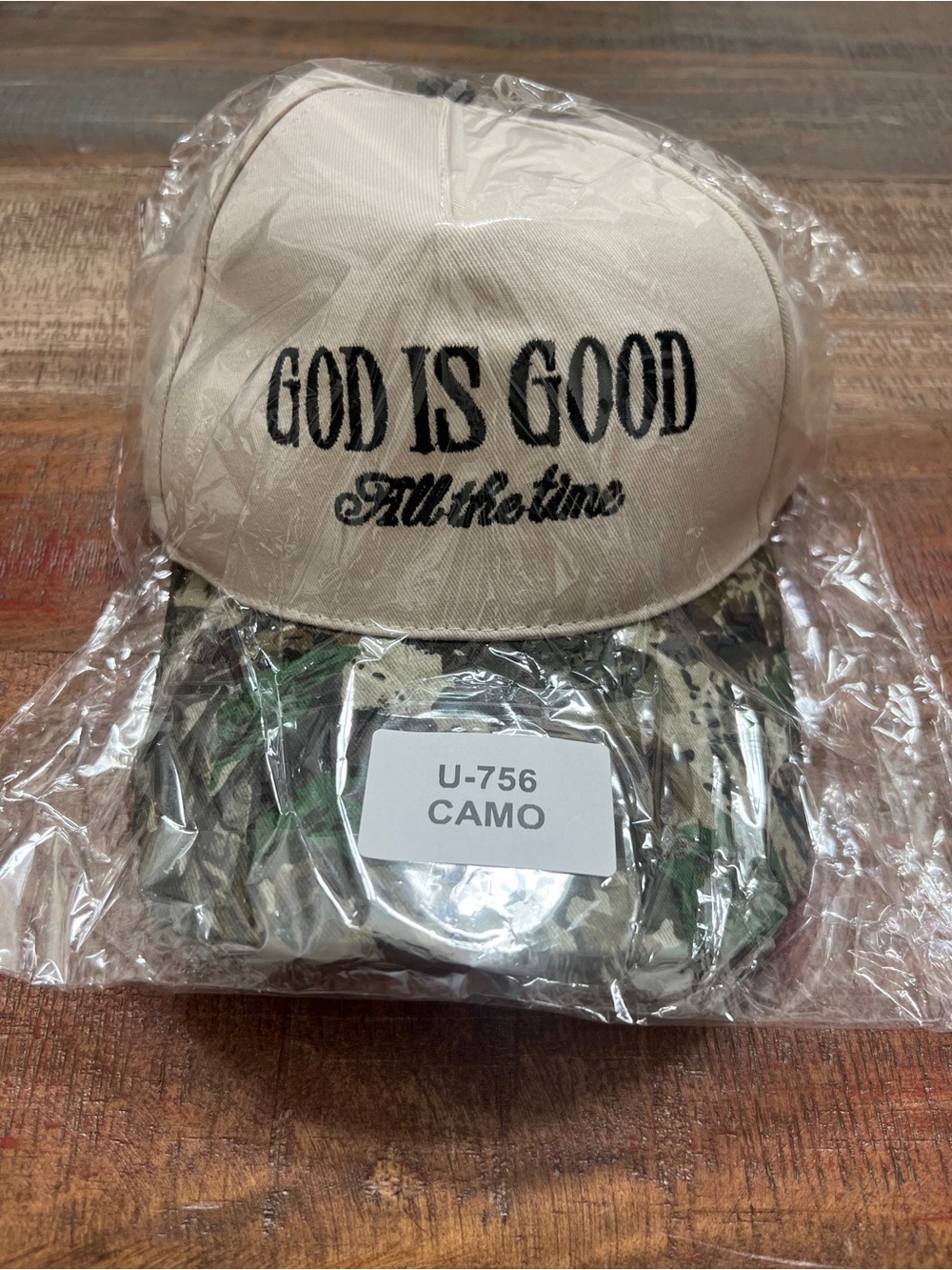 Zenana ‘God Is Good All The Time’ Beige & Camo Trucker Cap NEW